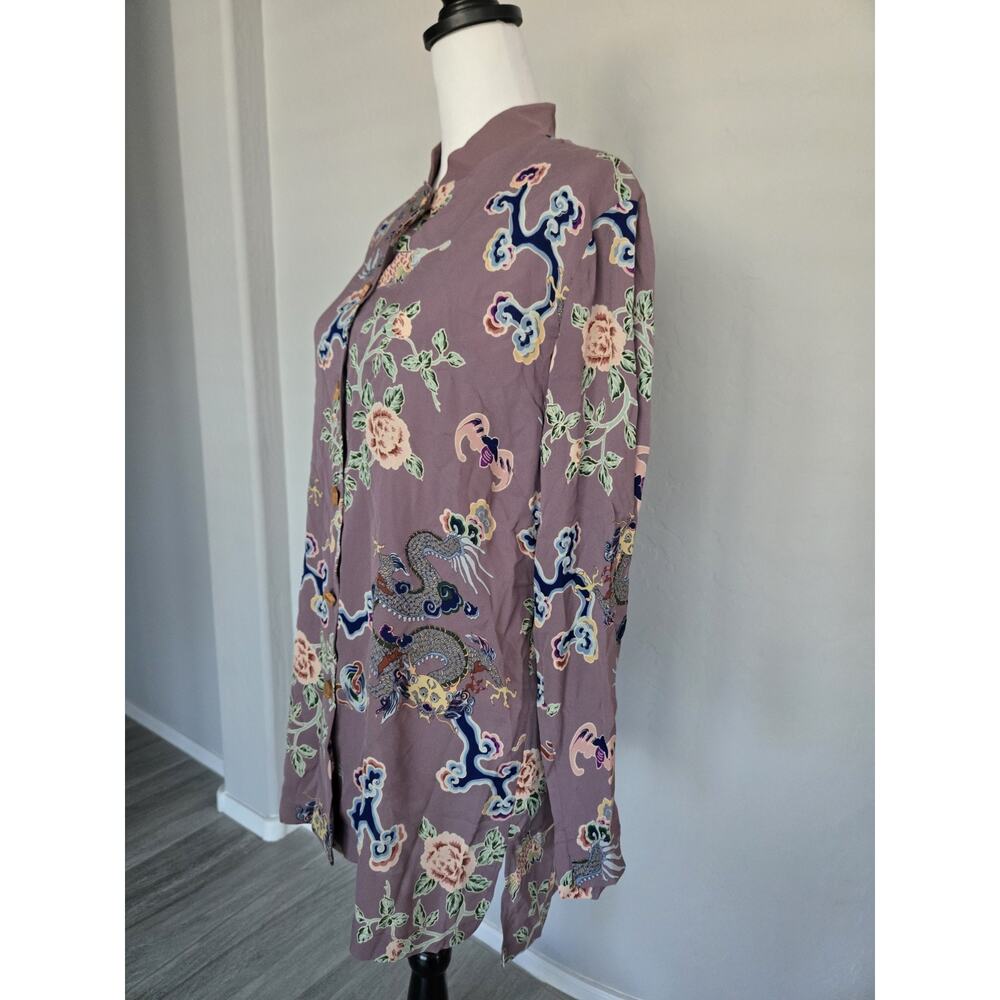 Harari Silk Asian Dragon Print Art Flowy Banded Collar Button Tunic Top Sz S - Picture 2 of 16